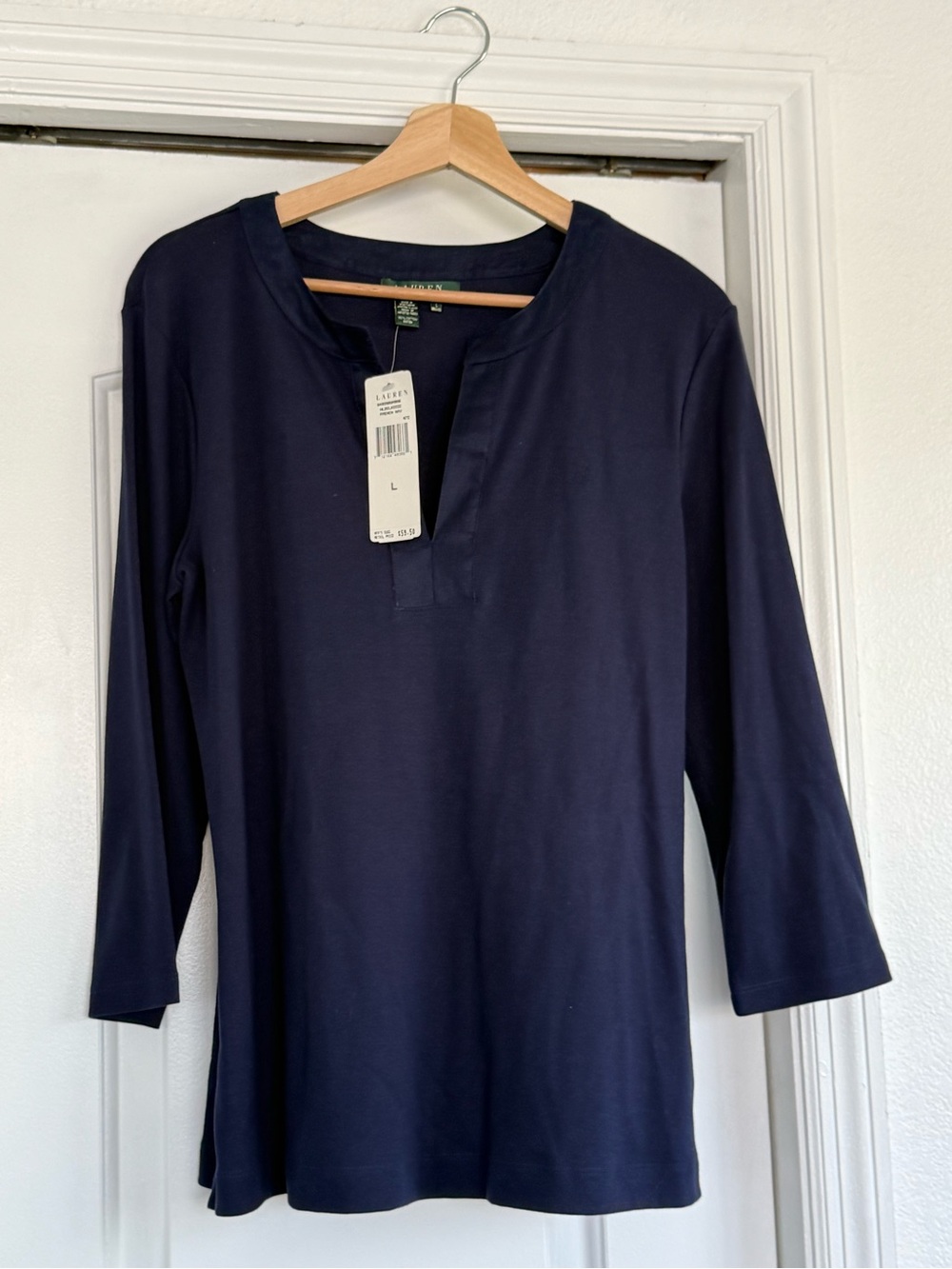 Lauren Ralph Lauren Navy Split-Neck Three-Quarter Sleeve Top
